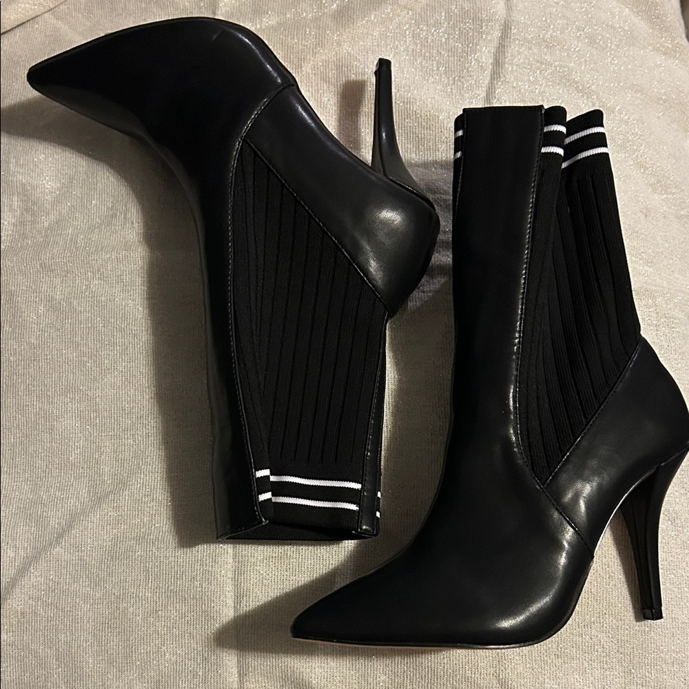 Design Lab Lord & Taylor Black Pointed Stiletto Sock Boots with White Stripe